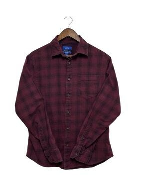Apt 9 Mens Medium Premier Flex Untucked Fit Flannel Shirt Burgundy Black Plaid